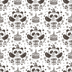 Birthday Vector Seamless pattern with Cute Baby Panda. Endless wallpaper with Pandas, celebratory cake, gifts, fireworks. Hand Drawn Doodle Funny Black and White Bear. Background for kids
