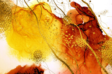 Exotic tropical ART.  Abstract clouds. Golden swirl, lines, splashes. Original painting. Inspired by the sky, as well as steam and smoke. Exclusive beautiful artwork. 