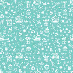 Birthday Seamless pattern. Hand drawn doodle birthday cake, gift and other Party Supplies. Celebratory background. Holiday Wallpaper.
