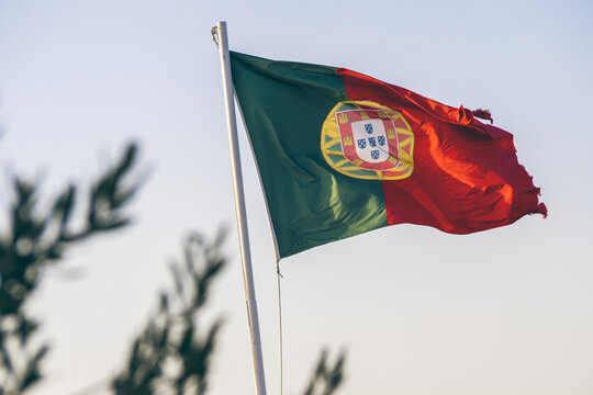 Closeup shot of flag of Portugal on a blue background