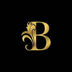 Golden B Initial Letter Luxurious logo icon, vintage luxury vector design concept outline alphabet letter with floral leaf gold color for luxuries business.