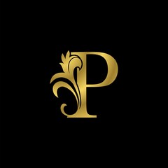 Fototapeta premium Golden P Initial Letter Luxurious logo icon, vintage luxury vector design concept outline alphabet letter with floral leaf gold color for luxuries business.