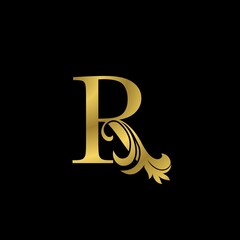 Golden R Initial Letter Luxurious logo icon, vintage luxury vector design concept outline alphabet letter with floral leaf gold color for luxuries business.
