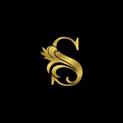 Golden S Initial Letter Luxurious logo icon, vintage luxury vector design concept outline alphabet letter with floral leaf gold color for luxuries business.