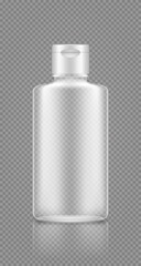 Shampoo, gel empty transparent bottle mockup. Plastic package design. Blank product container template sanitizer, bleach, laundry, soap, stain remover. 3d realistic vector illustration