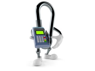 Naklejka premium Carabiner character holding credit card reader