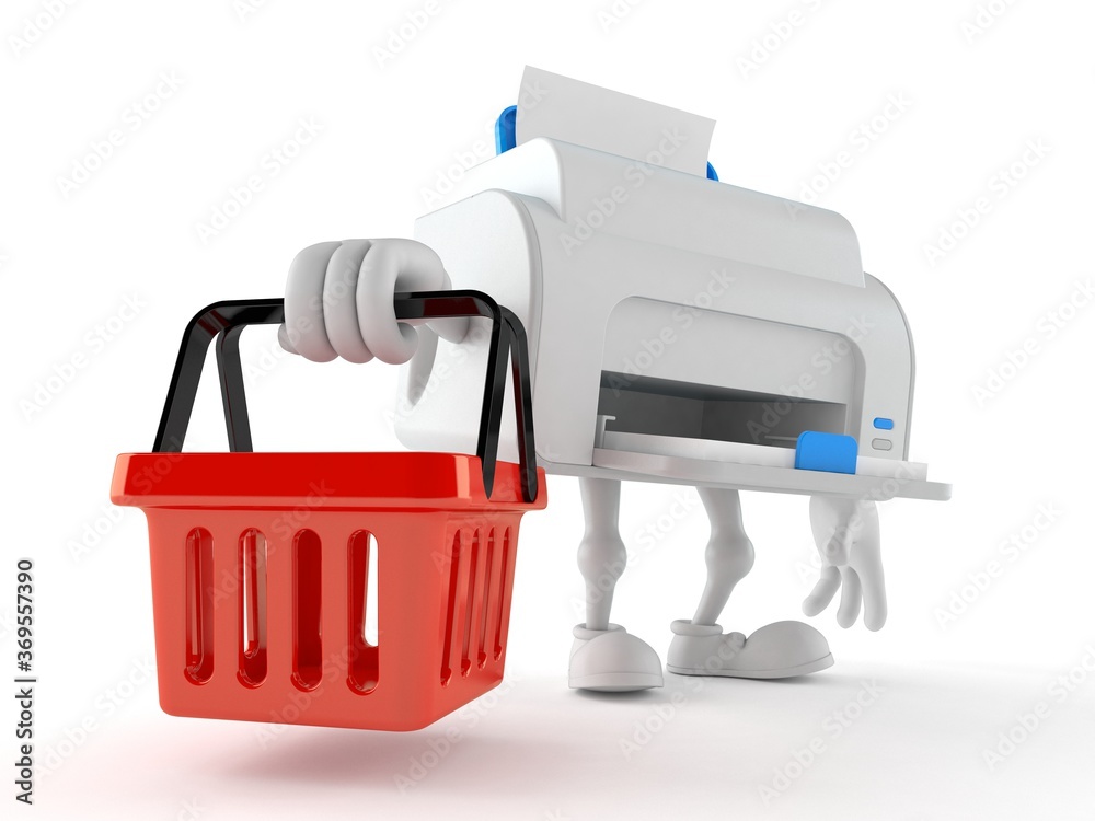 Poster printer character holding shopping basket