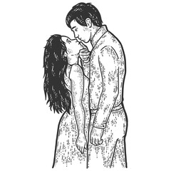 Dominant relationship. Couple in love. Sketch scratch board imitation.