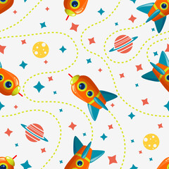 Obraz premium Seamless cosmic pattern with rocket, saturn, moon and star. Space pattern on white background