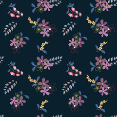 Trendy dark floral seamless pattern with hand drawn elements. Elegant background texture with scattered cute flowers, leaves, twigs, berries, buds on black backdrop. Doodle style illustration