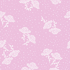 Delicate seamless floral pattern with white decorative flowers of pink shades on the pink background