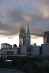 Cleveland Ohio Skyline During a cloudy fall sunset dramatic