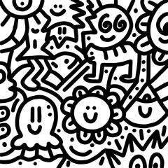 Abstract decorative doodles pattern. Hand-drawn vector black and white Illustration.
