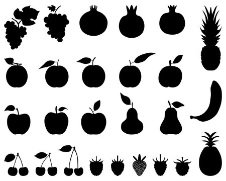 Black silhouettes of fruit on a white background, icon set for web and mobile
