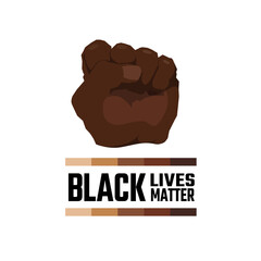 African American arm gesture on a palette of skin shades background. Black lives matter. Sticker, patch, t-shirt print, logo design. The fight for the human rights