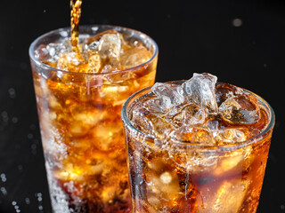 two cups of cola soft drink being poured into glass - obrazy, fototapety, plakaty