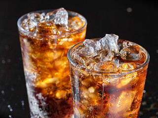 two cups of cold cola soft drink with ice - obrazy, fototapety, plakaty