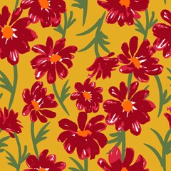 Seamless floral vector repeat pattern in an autumnal color palette with maroon red daisies on a mustard yellow background