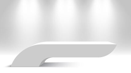 White shelf. Blank podium with spotlights. Pedestal. Vector illustration.