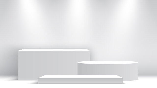 White blank podium. Pedestal with spotlights. Scene. Boxes. Vector illustration.