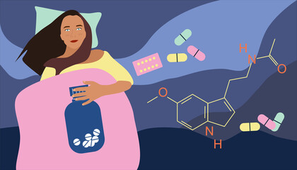 Insomnia concept. Melatonin tablets with chemical formula. Young woman lying in bed and has sleep disorder. Addiction of pills,hypochondria.Stress, nervous strain. Sleepless medical problem. Vector
