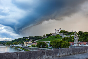 Stormy front over the old city. Before the rain. Germany city Wurzburg
