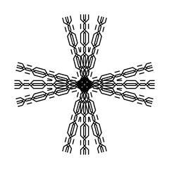 Variants of the braided pigtail pattern are made on grid cells on a white background. Knitted pigtail pattern, makes squares, circles and other geometric shapes.