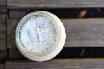 Healthly food. Chia seed and crunch pudding. Flat lay.