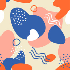 Abstract pattern with blue, pinck and orange spots on yellow background