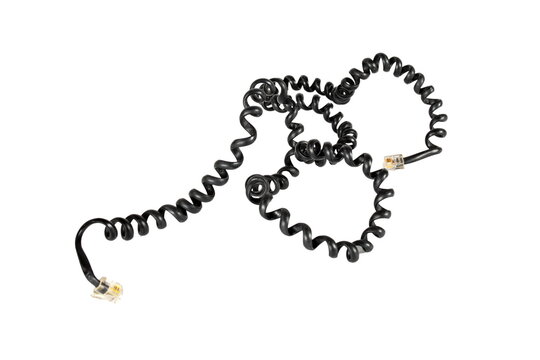 Tangled telephone wire of black color on a white background