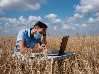 Naklejka na ściany i meble business men at remote work. A young man wearing a Covid-19 mask works for a laptop in a wheat field.