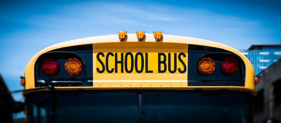 American school bus front vehicle closeup.