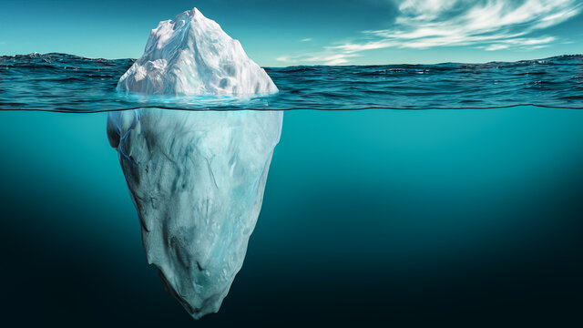 Iceberg with its visible and underwater or submerged parts floating in the ocean. 3D rendering illustration.