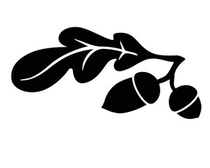 Acorns and oak leaf - black vector silhouette for pictogram or logo. Silhouette of an oak leaf and two acorns - sign or icon. Oak branch © Hanna