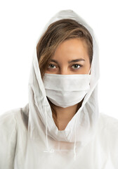 Confident doctor in protective wear and face mask wearing gloves