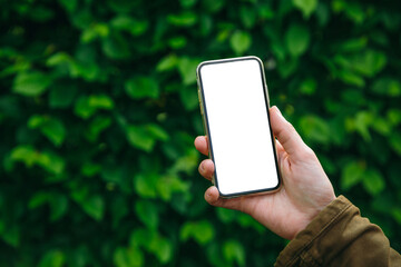 Woman hand holds modern white screen smartphone on floral background with room for text.
