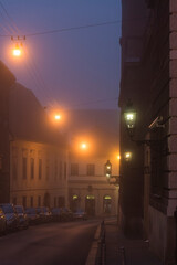 Fototapeta na wymiar Street in fog, Zagreb, Croatia