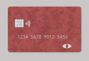Here is a mock generic credit card or debit card with a rusty look in a grunge design isolated on a grey background.