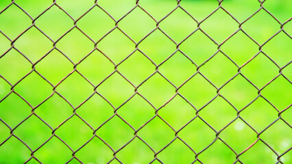 Fototapeta premium A wire mesh cage against a green meadow. Texture pattern surface background from wire mesh netting. Out of focus, defocus.