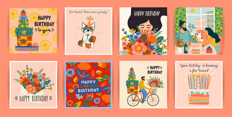 Happy Birthday. Vector set of cute illustrations. Design templates
