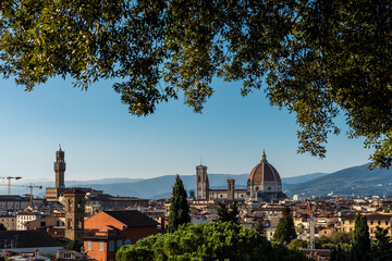 Picturesque view of Florence and Duomo Cathedral from Michelangelo Square, Italy. Selective focus.