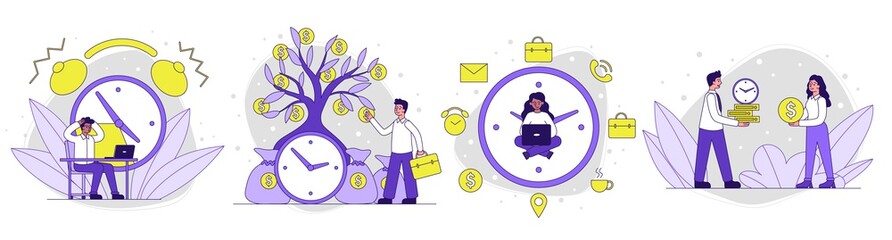 Collection of time and people interaction illustrations. Diverse men and women earning money, working, planning day. Set of flat vector illustrations.