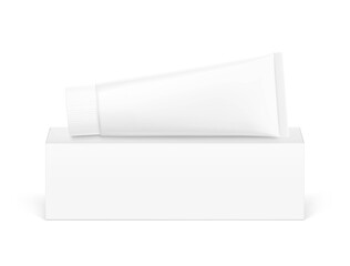 Blank plastic tube with cardboard box mockup. Front view. Vector illustration on white background. Can be use for your design, advertising, promo and etc. EPS10.