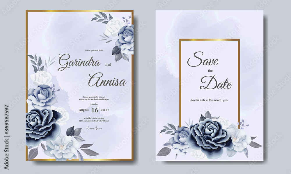 Wall mural Elegant wedding invitation card template with romantic blue  floral and leaves  Premium Vector