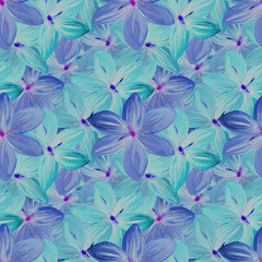 Fototapeta na wymiar Blue lilac and turquoise flowers handmade gouache gentle seamless pattern . Background for web pages, wedding invitations, date cards, textiles, packaging, fabric, wallpaper