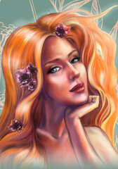 Digital hand drawn illustration with a young blond woman portrait