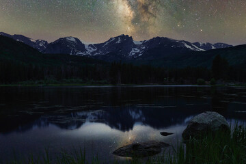 Milky Way reflecting off water around rocky mountain national park. Sprague lake at night reflects...