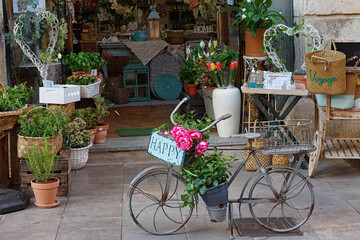 Fototapeta na wymiar Bike in the Street with flowers in Cambrils, Spain