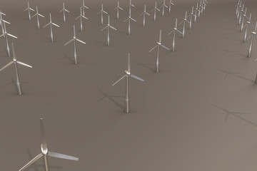 3d rendering of wind turbines on gray background. Alternative electricity source concept of sustainable resources.  Wide background site head and cover photo. Pattern for texture of wallpaper. 