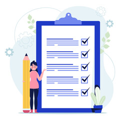 Checklist with marks and text woman planning plan. Flat vector illustration